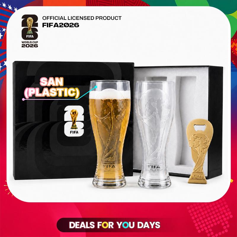 FIFA World Cup 2026 Beer Mug Set — official gift box with 2 pilsner glasses and trophy bottle opener