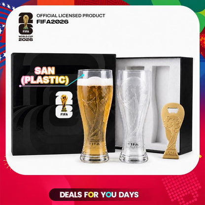 FIFA World Cup 2026 Beer Mug Set — official gift box with 2 pilsner glasses and trophy bottle opener