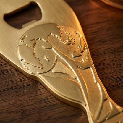 Gold FIFA World Cup trophy shaped bottle opener close-up
