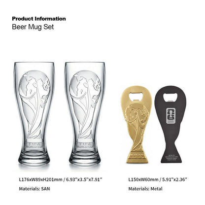 Product specs: SAN plastic beer glasses and metal bottle opener