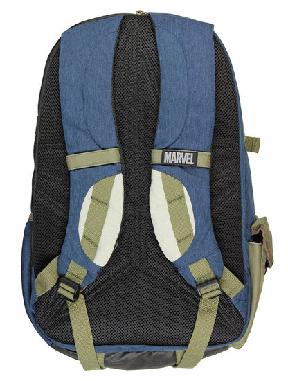 Captain America Backpack — back (Marvel tag + shield-pattern padding)
