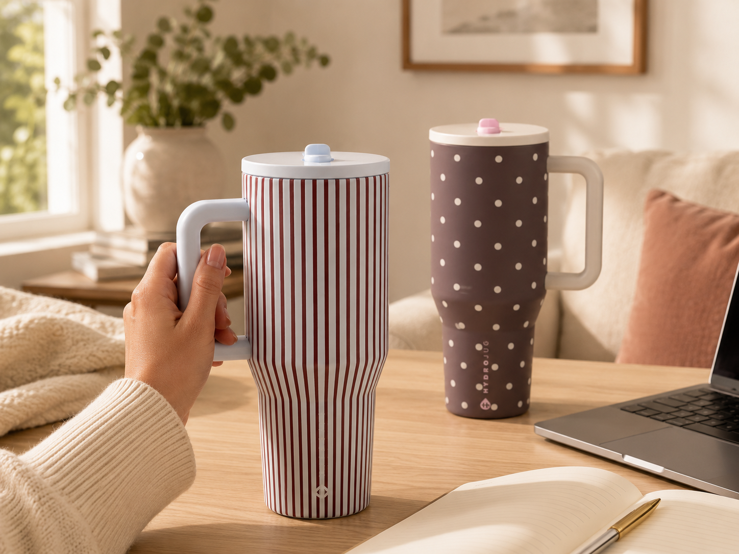 Dot & Striped Traveler 40oz — both prints on a desk