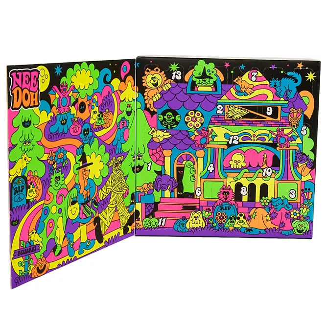 NeeDoh Funky Frights open calendar interior with 13 numbered doors