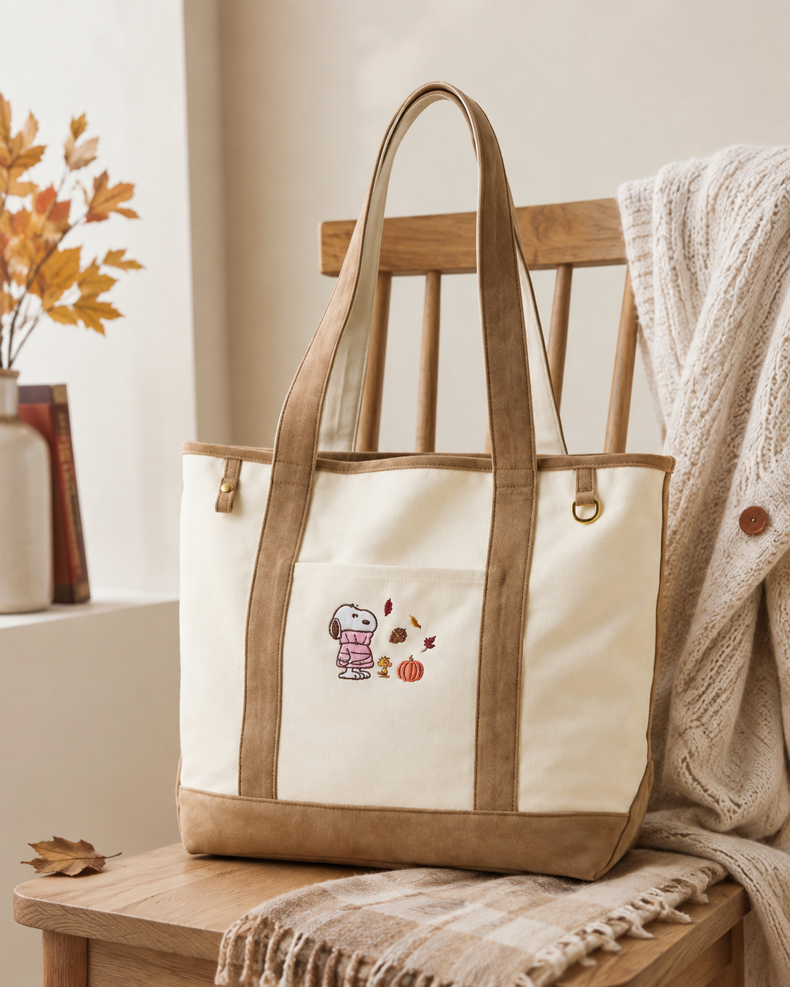 Snoopy Tote Bag — Tan Suede lifestyle